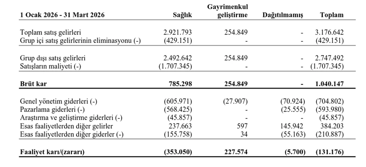 Bölümlere Göre Gelir Tablosu