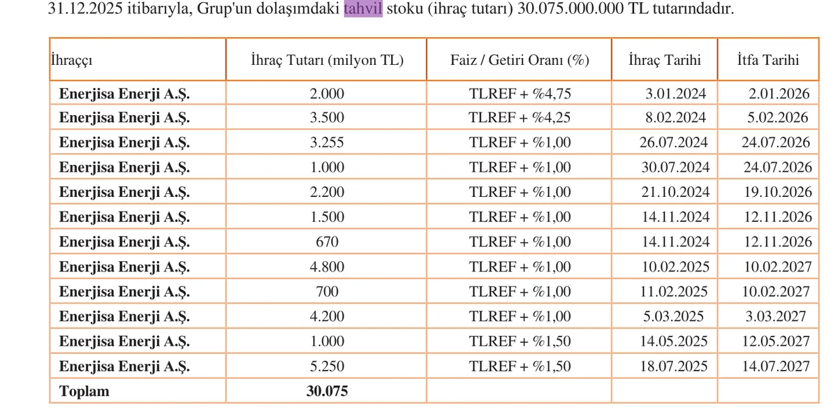 EnerjiSA 2025 yıl sonu tavhil yükü